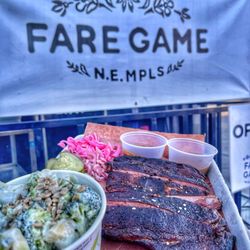 Fare Game - Slow-Cooked Ribs, Smoked with Dry MN Red Oak Logs. Side of Black Pepper BBQ Sauce and Mustard Jalapeño BBQ Sauce