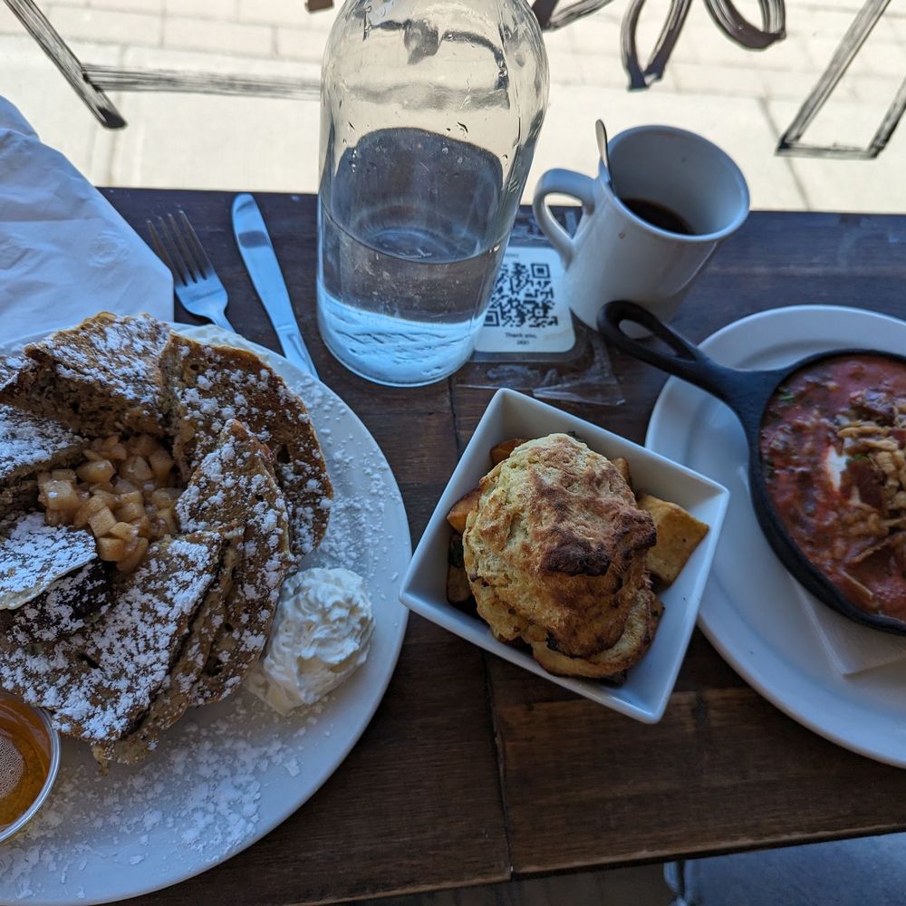 banana bread french toast (left)  spicy eggs (right)