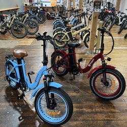"Baby Blue" and "Candy Apple Red" Bronson Firefly's.  Our foldable step through style, also available in black, white and dark green.