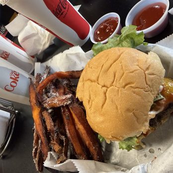 Gabby's Burgers - Seamus burger,sweet potato fries and strawberry shake. - Burgers Near Me - Nashville, Tennessee Gabby's Burgers - Seamus burger,sweet potato fries and strawberry shake. - Burgers Near Me - Nashville, Tennessee