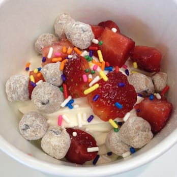 Yogi Castle - Vanilla yogurt with cookie dough, strawberries, and rainbow sprinkles - Do-It-Yourself Food Near Me - Ellicott City, Maryland Yogi Castle - Vanilla yogurt with cookie dough, strawberries, and rainbow sprinkles - Do-It-Yourself Food Near Me - Ellicott City, Maryland