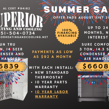 Superior Heating and Cooling - Summer ac installation sale! Valid untill August 31 2023. Up to 24 months no interest financing available if approved through Synchrony Bank - Heating & Air Conditioning/HVAC Near Me Superior Heating and Cooling - Summer ac installation sale! Valid untill August 31 2023. Up to 24 months no interest financing available if approved through Synchrony Bank - Heating & Air Conditioning/HVAC Near Me
