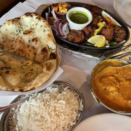 Garlic Naan, Lamb Boti Kebab, Shrimp Masala, Basmati Rice