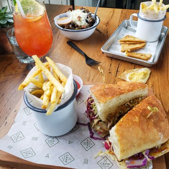 Camp Outpost - Camo tea, Pork sandwich, brussel sprouts, kid's quesadilla - New American Near Me - San Antonio, Texas