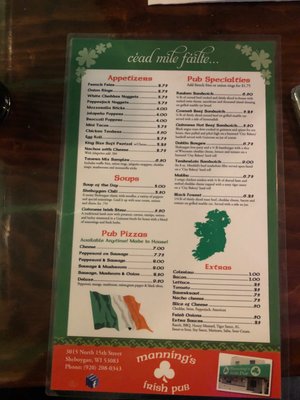 Menu photo 1 Manning's Irish Pub Sheboygan, WI Menu photo 1 Manning's Irish Pub Sheboygan, WI