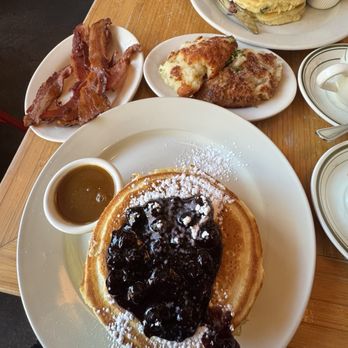 Clinton St. Baking - Pancakes with Warm Maple Butter with Blueberries, Hash Brown, Bacon - Bakeries Near Me - New York, New York Clinton St. Baking - Pancakes with Warm Maple Butter with Blueberries, Hash Brown, Bacon - Bakeries Near Me - New York, New York