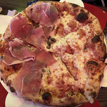 Old School Pizzeria - Left side: Prosciutto, bell peppers & mushroom Right side: cheese - Pizza Near Me - Las Vegas, Nevada Old School Pizzeria - Left side: Prosciutto, bell peppers & mushroom Right side: cheese - Pizza Near Me - Las Vegas, Nevada
