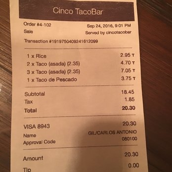 Cinco TacoBar - Receipt - Mexican Near Me - San Leandro, California Cinco TacoBar - Receipt - Mexican Near Me - San Leandro, California