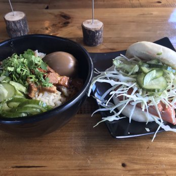 Tiger Bites - Braised Traditional Pork Belly Rice Bowl (small plate) & Char-Siu Chicken Bao. - Taiwanese Near Me - Bellevue, Washington Tiger Bites - Braised Traditional Pork Belly Rice Bowl (small plate) & Char-Siu Chicken Bao. - Taiwanese Near Me - Bellevue, Washington
