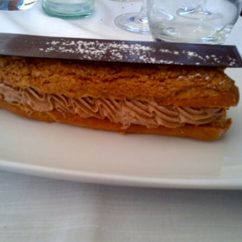 Boccaccio - praline encrusted eclair with vanilla custard and chocolate creme and an ever so thin chocolate bar on top - Seafood Near Me - Nice, 06