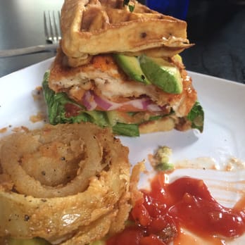 The Brick - Spicy chicken on bacon infused waffle sandwich - Bars Near Me - Dover, New Hampshire