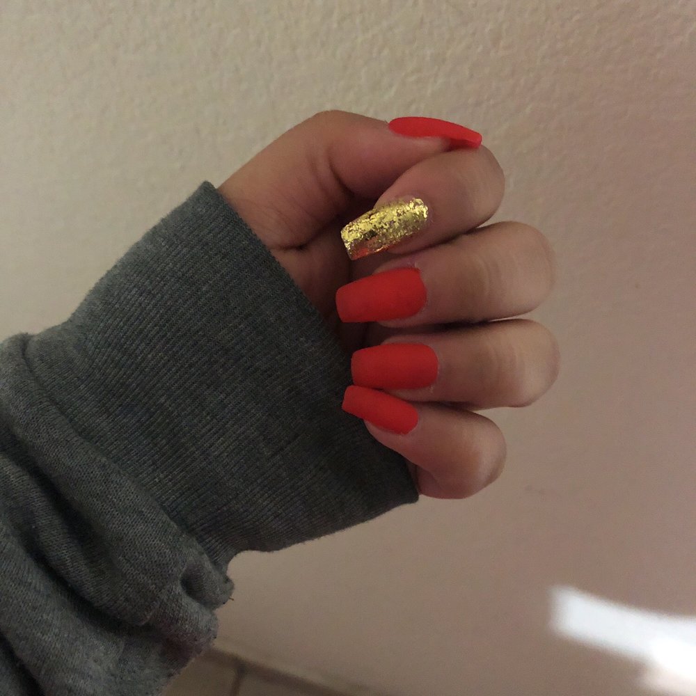 Ivy's Nails & Spa - Red matte nails w gold foil nail - Nail Salons Near Me - Temecula, California