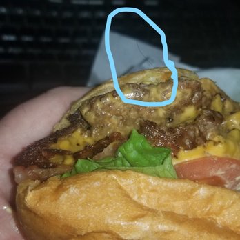 Smashburger - Surprise! A hair sticking out of the burger, which definitely was shorter and darker than the ones on my head. - Burgers Near Me - Carson, California