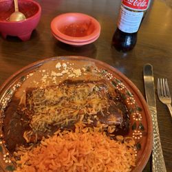 Moctezuma Mexican Grill - Chicken mole enchiladas with rice and beans