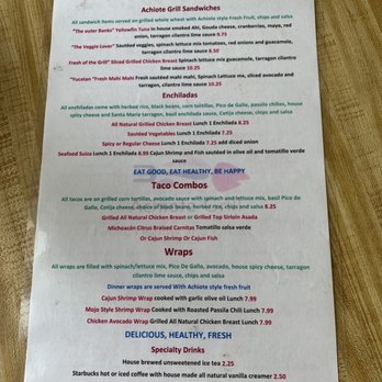 Achiote Grill - Lunch/dinner menu side 1 - Mexican Near Me - Huntington Beach, California