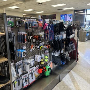 No Limits Scuba - Inside - A retail store display with various scuba diving equipment, including masks, snorkels, fins, and safety gear, arranged on a metal grid wall. - Scuba Diving Near Me - Tempe, Arizona