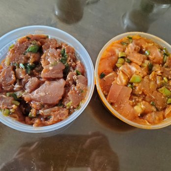 Dry Dock Fish Co - Poke, about half a pound each per container; tuna on the left, and salmon on the right. The poke is just okay. - Seafood Markets Near Me - Fullerton, California Dry Dock Fish Co - Poke, about half a pound each per container; tuna on the left, and salmon on the right. The poke is just okay. - Seafood Markets Near Me - Fullerton, California