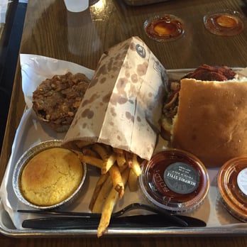 Smoque BBQ - Pulled pork sandwich  French fries  Corn bread  Peach cobbler  All AWESOME!! - Barbeque Near Me - Chicago, Illinois