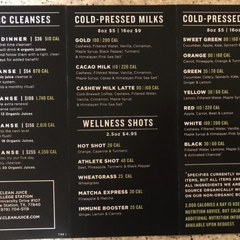 Clean Juice - Menu 12/2018 - Juice Bars & Smoothies Near Me - College Station, Texas