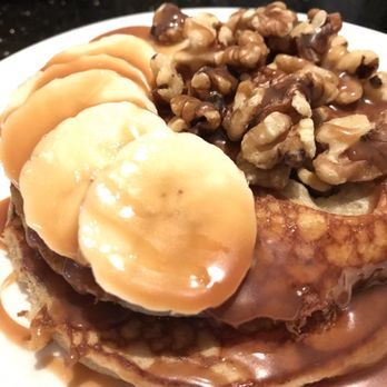The Kitchen - Banana walnut salted Carmel pancakes - New American Near Me - Orlando, Florida The Kitchen - Banana walnut salted Carmel pancakes - New American Near Me - Orlando, Florida