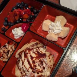 Bento dessert box - chocolate crispy wontons, fried banana tempura, mochi ice cream, fruits/berries