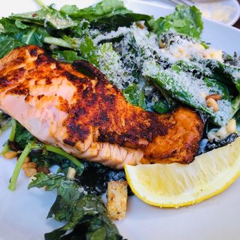 Eureka! - Blackened Salmon Kale Caesar Salad - Bars Near Me - Cerritos, California Eureka! - Blackened Salmon Kale Caesar Salad - Bars Near Me - Cerritos, California