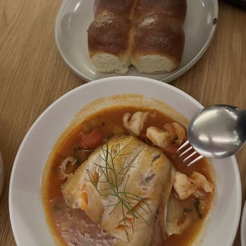 Torafuku - black cod bouillabaisse tiger prawns, fennel, leeks, tomato dashi broth and house made japanese milk buns - Asian Fusion Near Me - Vancouver, British Columbia