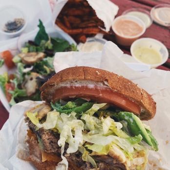 Cloud 9 Burgers - Sweet Rain Burger, salad, Sweet Potato Fries - Burgers Near Me - Bellevue, Washington