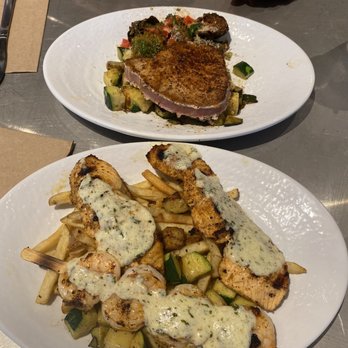 California Fish Grill - Blackened Ahi tuna Salmon & shrimp with butter Zucchini Brussel sprouts - Seafood Near Me - Phoenix, Arizona California Fish Grill - Blackened Ahi tuna Salmon & shrimp with butter Zucchini Brussel sprouts - Seafood Near Me - Phoenix, Arizona