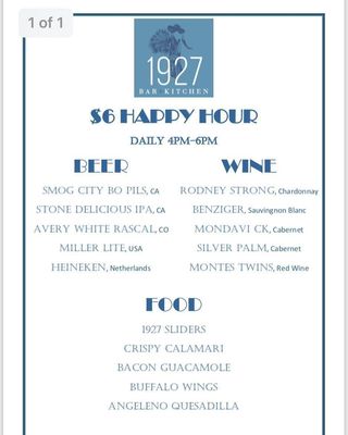 Menu photo 7 1927 Bar+Kitchen Los Angeles, CA