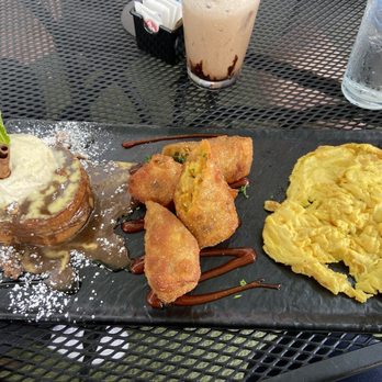 Green Eggs Cafe - Breakfast board with cinnamon bun French toast, breakfast egg rolls and scrambled eggs - Breakfast & Brunch Near Me - Ocean City, New Jersey