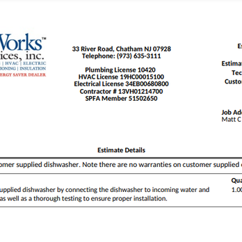Pipe Works Services - $600 for a basic dishwasher install. Stay away from these crooks. - Plumbing Near Me - Chatham, New Jersey