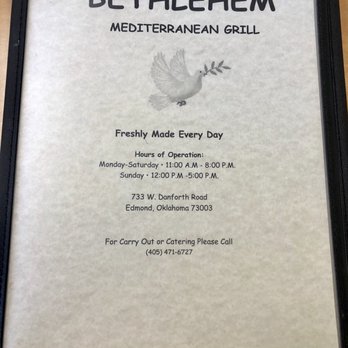 Bethlehem Mediterranean Grill - Menu. May 2019. - Mediterranean Near Me - Edmond, Oklahoma