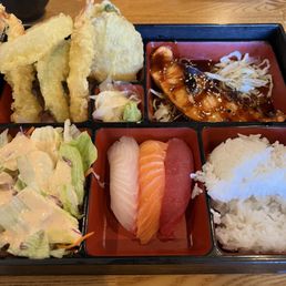 D2 any three items lunch box bento (mixed tempura, salmon teriyaki, nigiri) D2 any three items lunch box bento (mixed tempura, salmon teriyaki, nigiri)