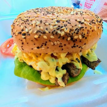 Express Cafe - Try this amazing Steak sandwich on everything bagel topped with melted provolone and egg!! - Coffee & Tea Near Me - Kissimmee, Florida Express Cafe - Try this amazing Steak sandwich on everything bagel topped with melted provolone and egg!! - Coffee & Tea Near Me - Kissimmee, Florida