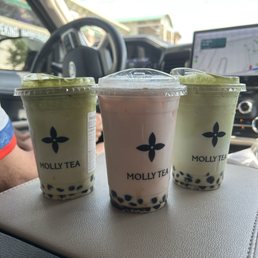 Jasmine matcha, jasmine apple milk tea, and champaca matcha ... all with brown sugar boba