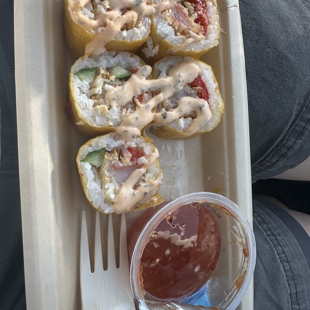 Shrimp Sushi wrapped in mango? Skin w tangy thai chili sauce Shrimp Sushi wrapped in mango? Skin w tangy thai chili sauce