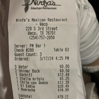 Ninfa's Mexican Restaurant - Over priced food receipt. - Mexican Near Me - Waco, Texas