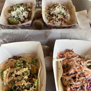 Liberty Taco - Carnita (top left), Baja fish (top right), Kogi (bottom left - My favorite), Thai Basil (bottom right) - Tacos Near Me - Houston, Texas Liberty Taco - Carnita (top left), Baja fish (top right), Kogi (bottom left - My favorite), Thai Basil (bottom right) - Tacos Near Me - Houston, Texas