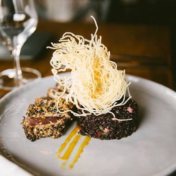 Thyme Table - Coriander and Pink Peppercorn Crusted Tuna,  Sticky Black Rice, Kumquat Emulsion - New American Near Me - Bay Village, Ohio