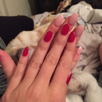 Nj Nails Spa - My red acrylic gel polish nails after 2 weeks! My girlfriends coffin style acrylics. Both done by Nini. - Waxing Near Me - Novato, California