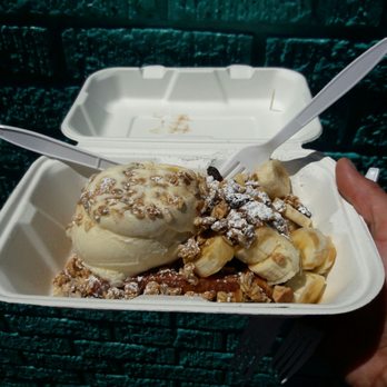 The Waffle Window - Banana - banana Carmel- Banana granola - candied nuts - vanilla ice cream- waffle - Breakfast & Brunch Near Me - Portland, Oregon The Waffle Window - Banana - banana Carmel- Banana granola - candied nuts - vanilla ice cream- waffle - Breakfast & Brunch Near Me - Portland, Oregon