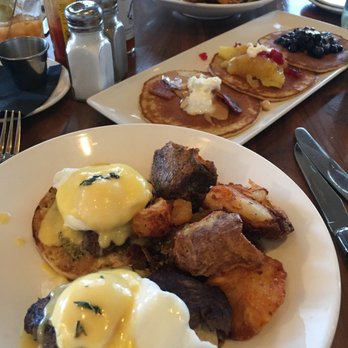 Benedict's - Closest to farthest: steak Benedict, pancake flight (Elvis, pineapple upside down cake and blueberry) and Gravlox benedict (made with lox) - Breakfast & Brunch Near Me - Wayzata, Minnesota