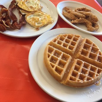 Raizes Mexican Kitchen - Chicken and Waffles w/ 2 fried eggs and Bacon - Mexican Near Me - Stafford, Texas Raizes Mexican Kitchen - Chicken and Waffles w/ 2 fried eggs and Bacon - Mexican Near Me - Stafford, Texas