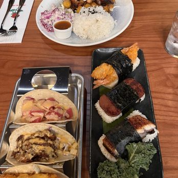 Aloha Tiki - Fire chicken with Cole slaw & rice, hang loose tacos, and musubi trio - Asian Fusion Near Me - Williamsburg, Virginia