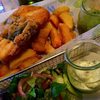 Eat Street - Tofu Fish & Chips with mushy peas, tartare sauce & side salad - phenomenal food! - Vegetarian Near Me - Belfast, BFS