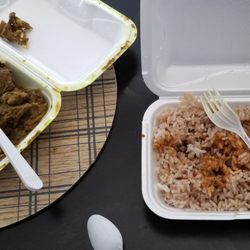 Island Basket - Our lunch..curry goat and stew chicken