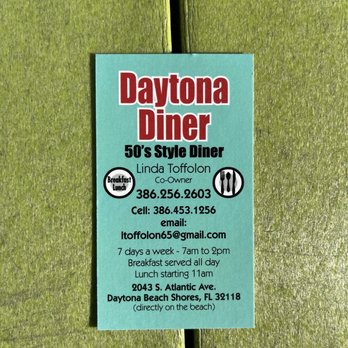 Daytona Diner - The co-owner's business card - Diners Near Me - Daytona Beach Shores, Florida