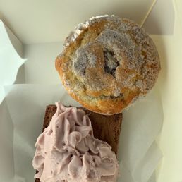 White chocolate rasberry brownie and a coffee cake with blue corn crumble. White chocolate rasberry brownie and a coffee cake with blue corn crumble.