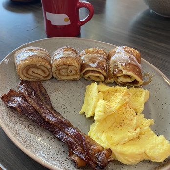 Early Bird Shadow Lake - Cinnamon roll pancakes w/ scrambled eggs and bacon - Breakfast & Brunch Near Me - Papillion, Nebraska Early Bird Shadow Lake - Cinnamon roll pancakes w/ scrambled eggs and bacon - Breakfast & Brunch Near Me - Papillion, Nebraska